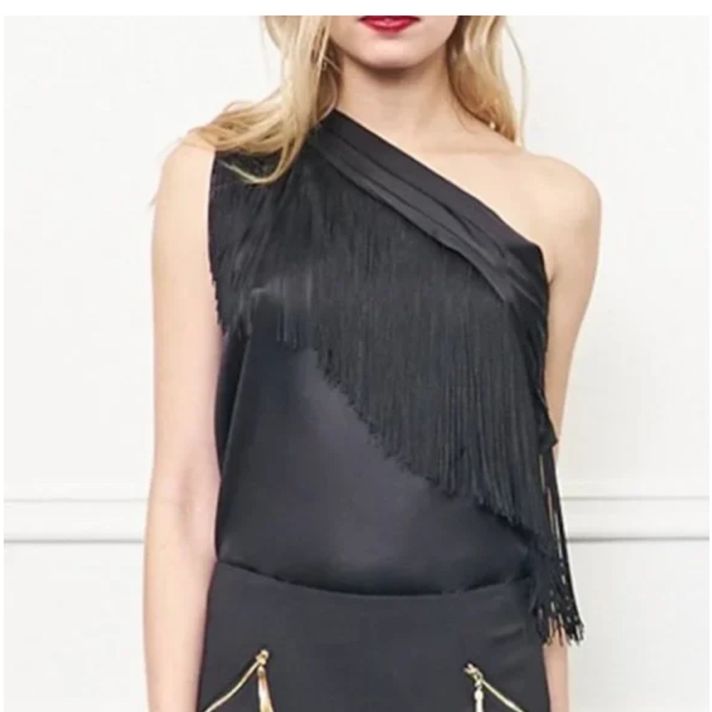 100% Silk Nwt Rachel Zoe | Kenna Fringe One-Shoulder Blouse In Black size 0